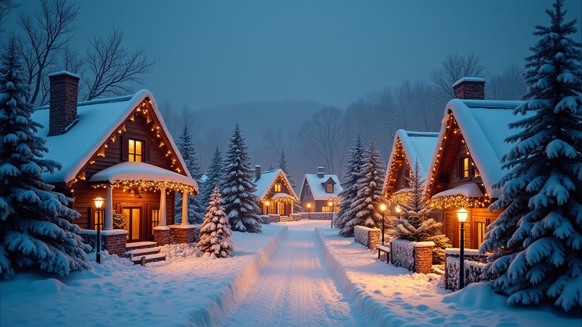Ein verschneites Weihnachtsdorf mit geschmückten Häusern und leuchtenden Lichtern.