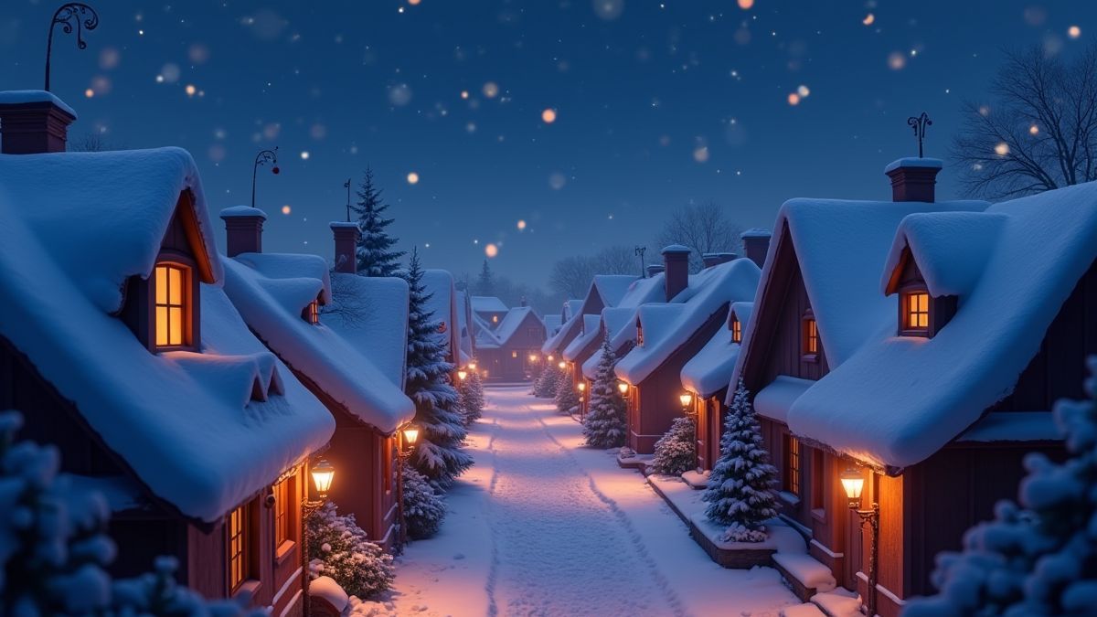 Tejados cubiertos de nieve con luces y decoraciones navideñas.