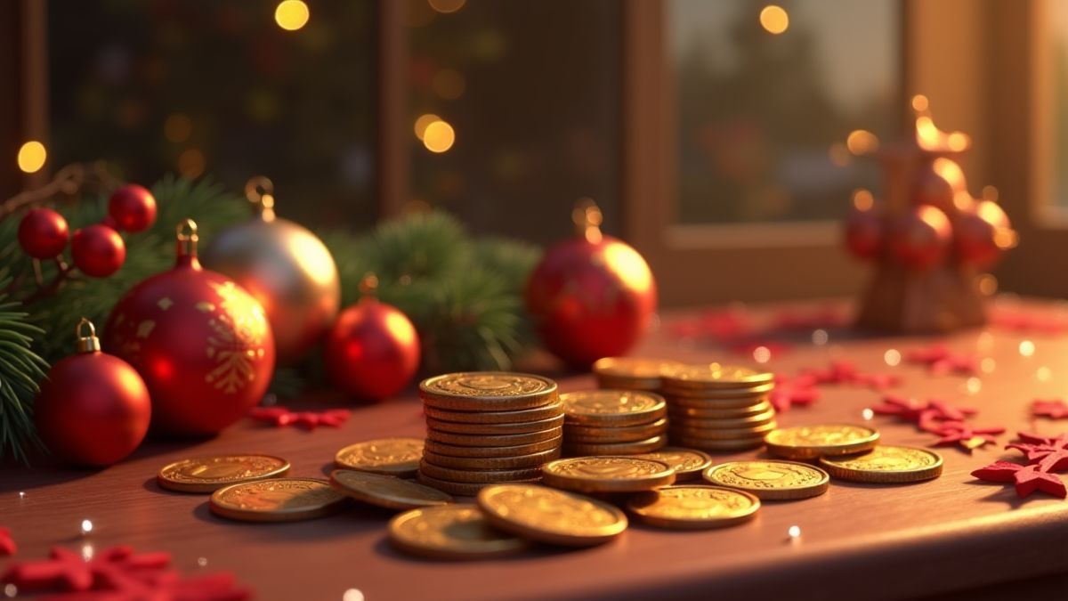 Mesa con adornos navideños y monedas de oro.