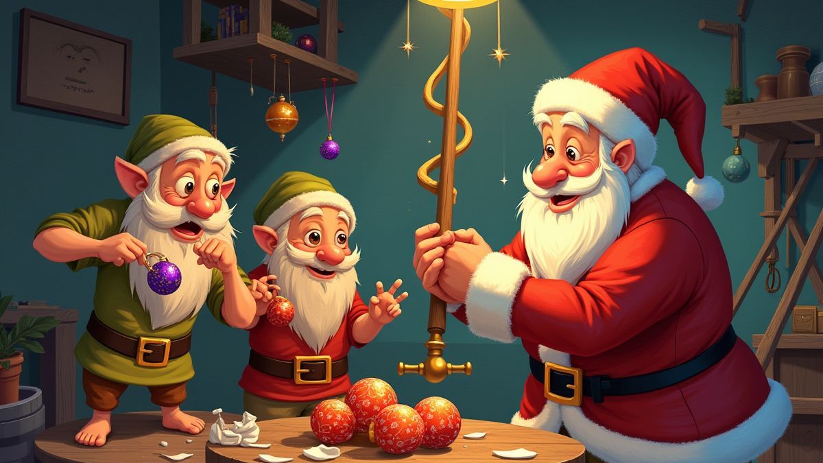 Lutins travaillant dans un atelier de Noël avec Santa activant un levier.