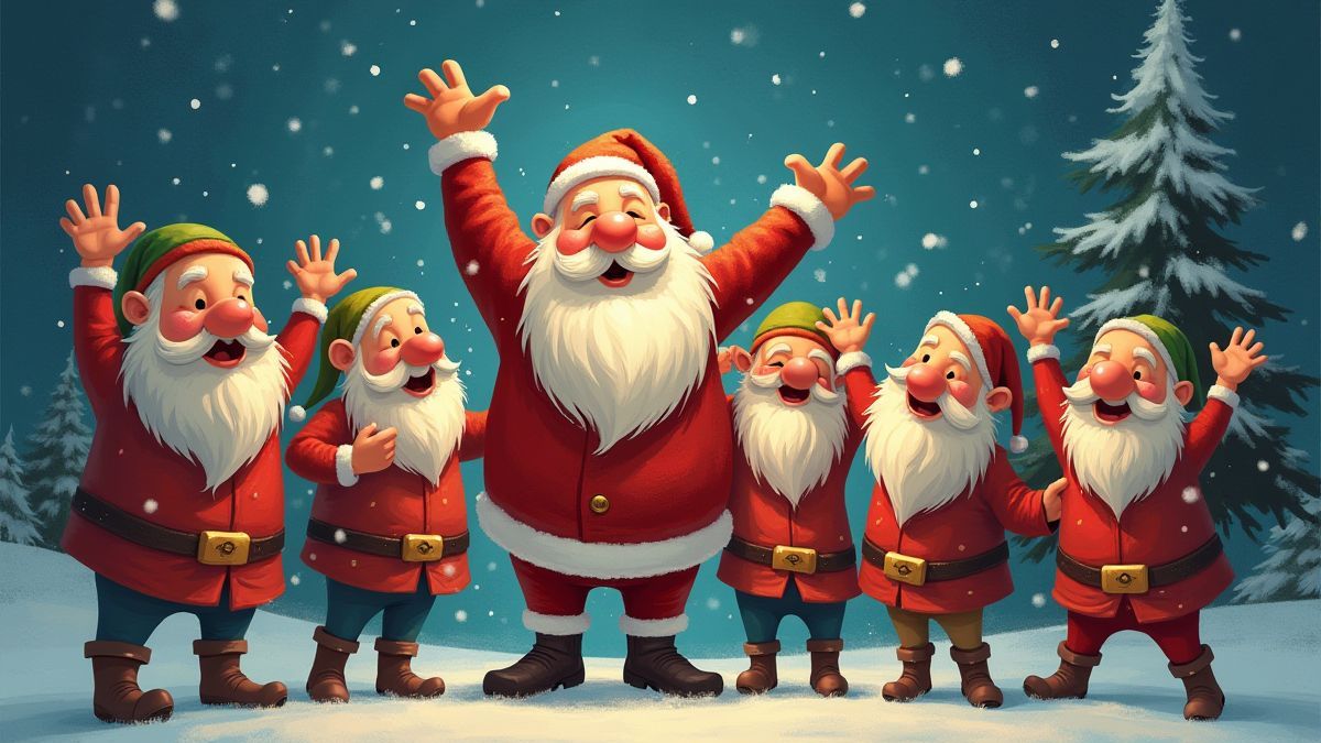 Santa et lutins célébrant une grande victoire dans un décor festif.