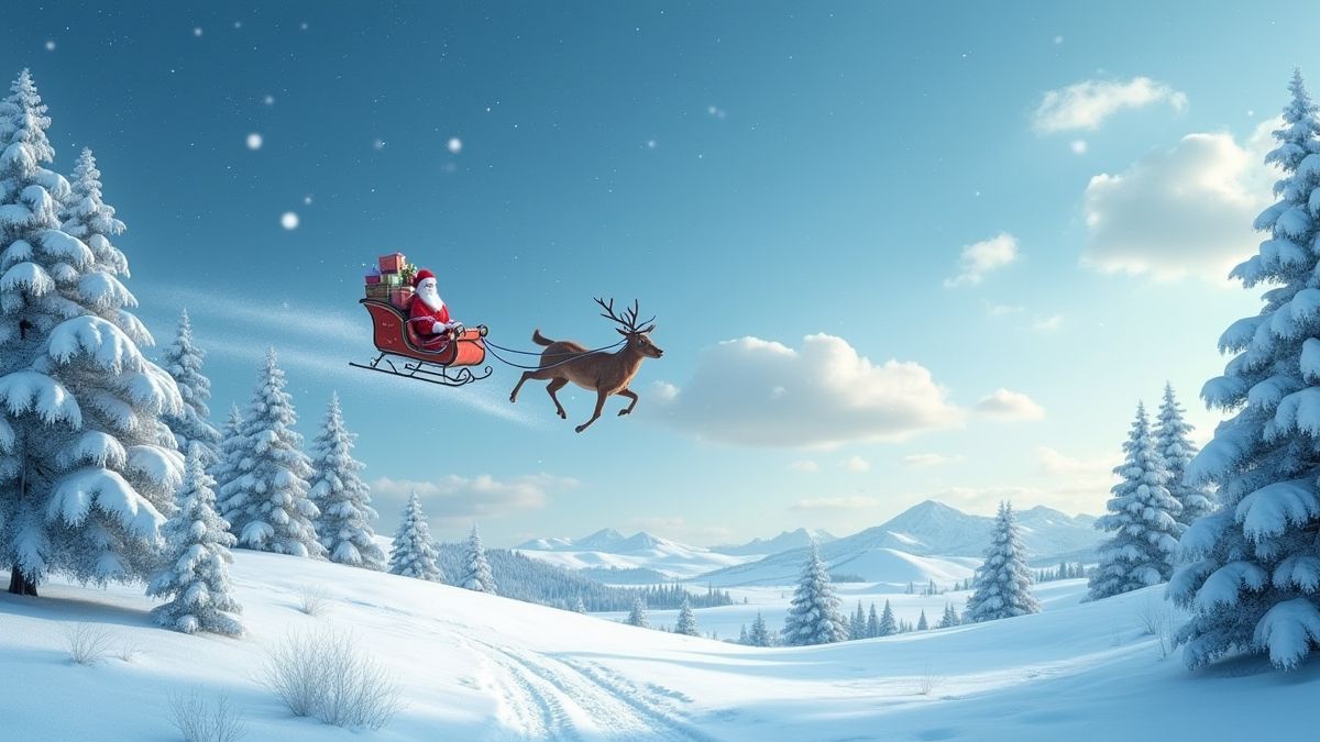 Um paisagem nevado com o trenó do Papai Noel voando pelo céu cheio de presentes.
