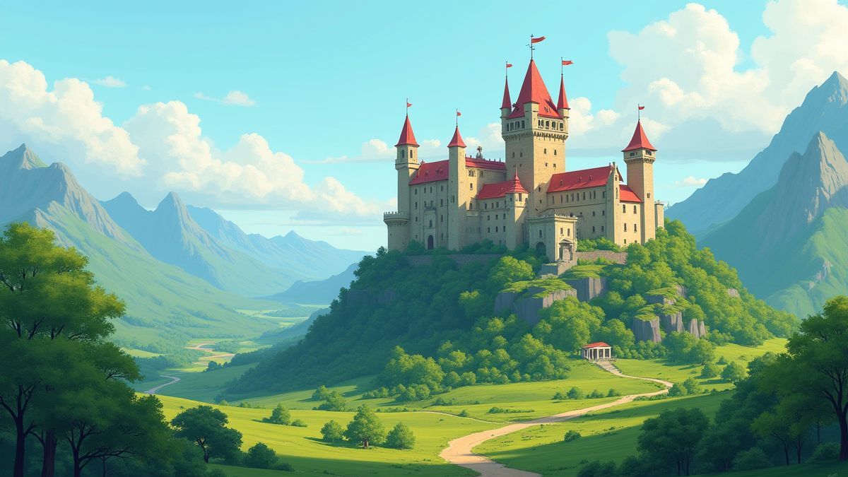 Medieval castle surrounded by green landscapes.