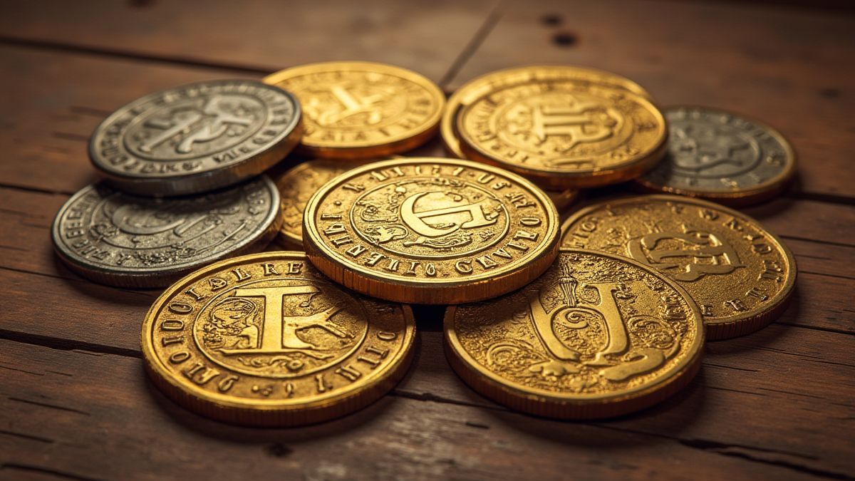 Medieval coins on a wooden table.