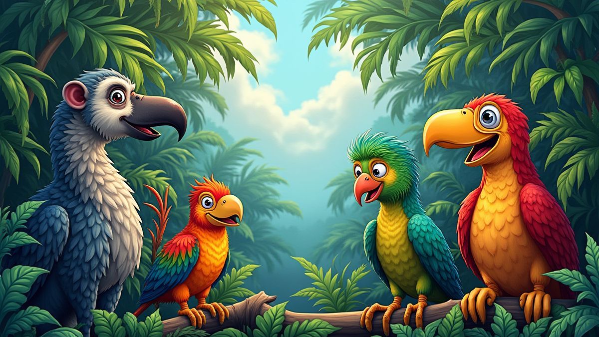Kleurrijke jungle met exotische dieren en tropische planten.