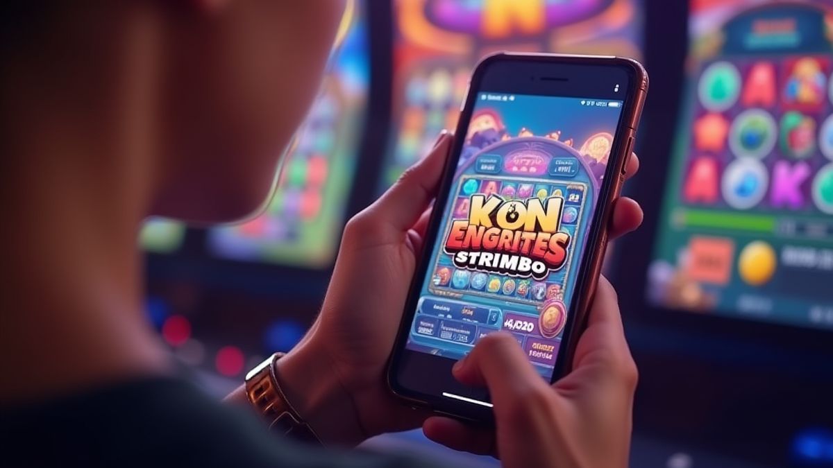 Persoon die een gokspel speelt op een smartphone in een kleurrijke en leuke omgeving.