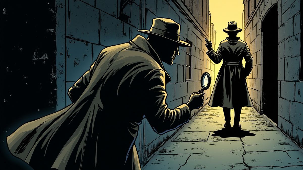 Un detective en un callejón oscuro con una lupa, estilo cómic.