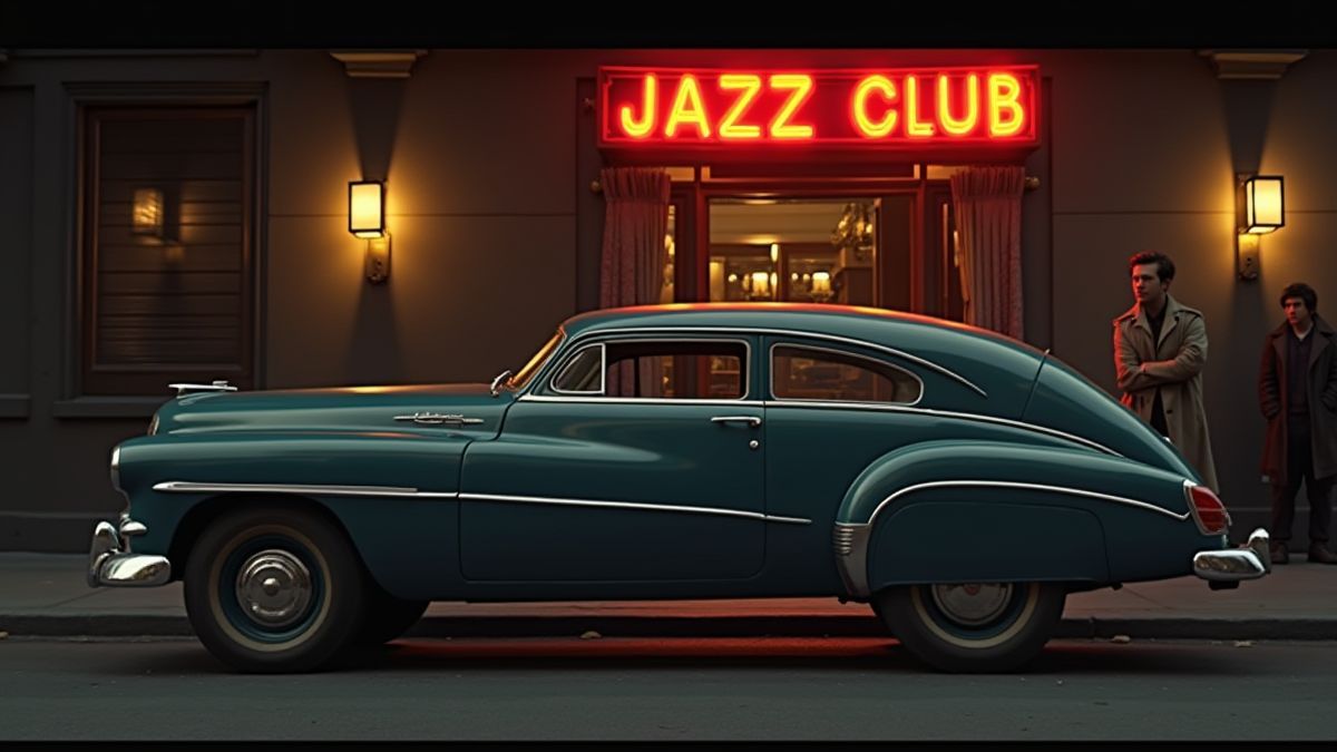 Un coche antiguo fuera de un club de jazz, con siluetas misteriosas.