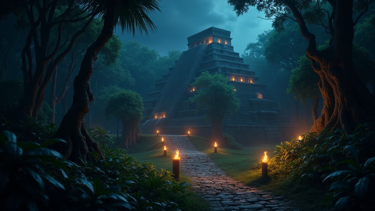 Ruines aztèques illuminées dans la jungle nocturne.