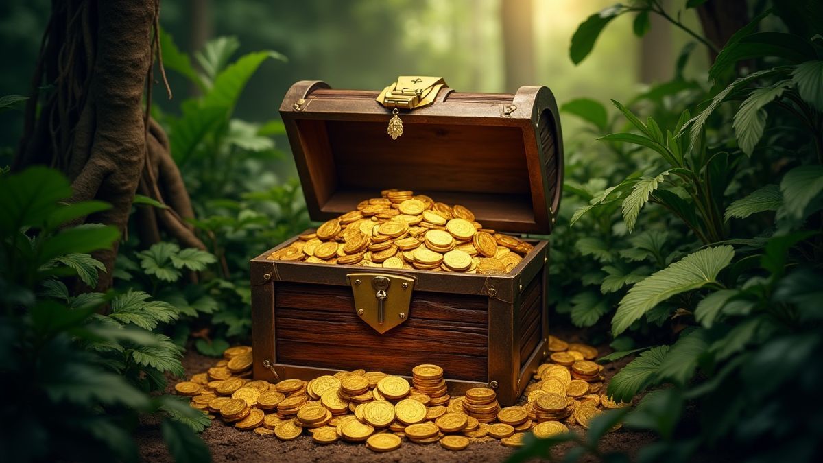 Coffre rempli de pièces d'or et de trésors dans la jungle.