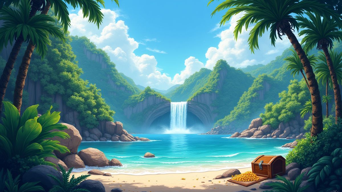 Een tropisch eiland met watervallen en glinsterende schatten.