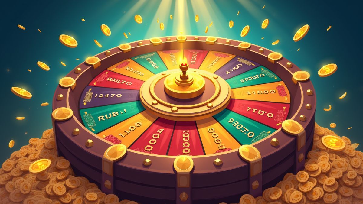 Een geluksrad vol met schat symbolen.