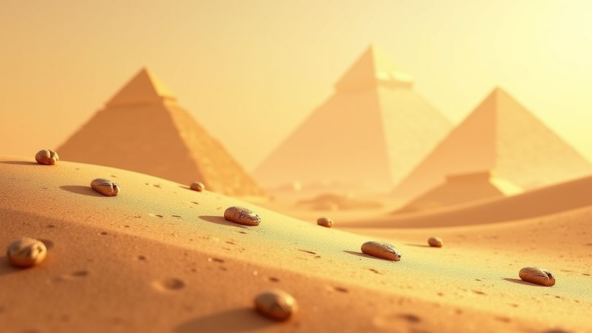 Un desierto egipcio con pirámides y escarabajos en la arena.