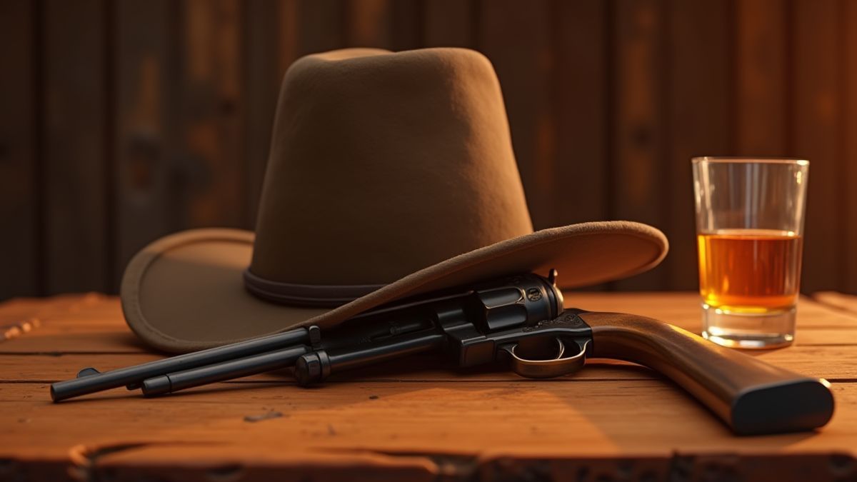 Cowboyhut auf einem Saloon-Tisch neben einem Revolver.