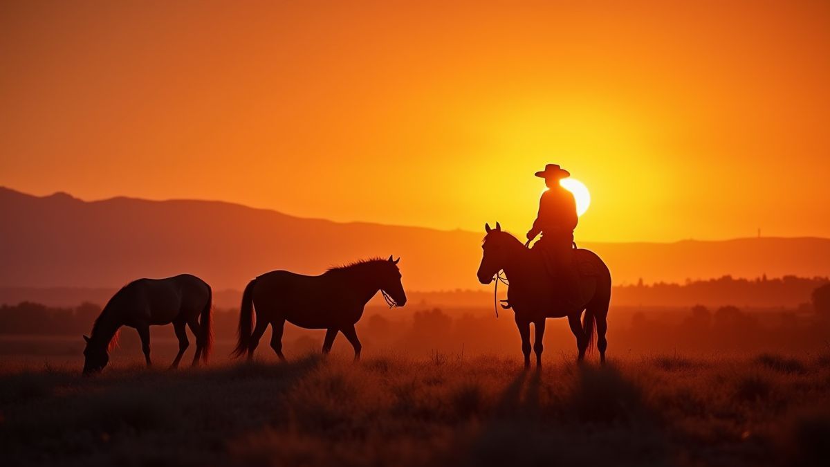 Ranch bei Sonnenuntergang mit grasen Pferden und einer Cowboy-Silhouette in der Ferne.