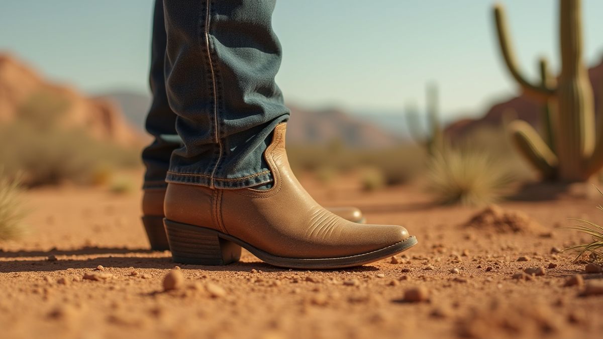 Cowboy-Stiefel, die auf den Erdboden der Wüste mit Kakteen im Hintergrund treten.