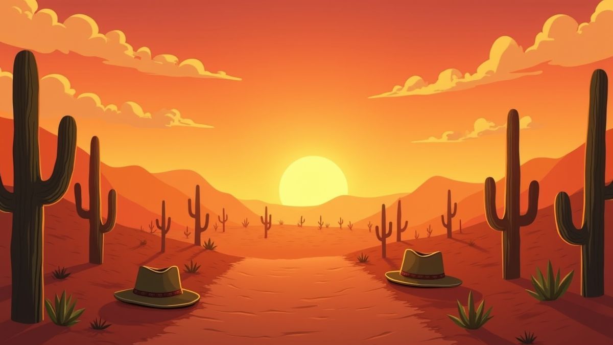Animierte Wüstenlandschaft mit Kakteen und Cowboyhüten.