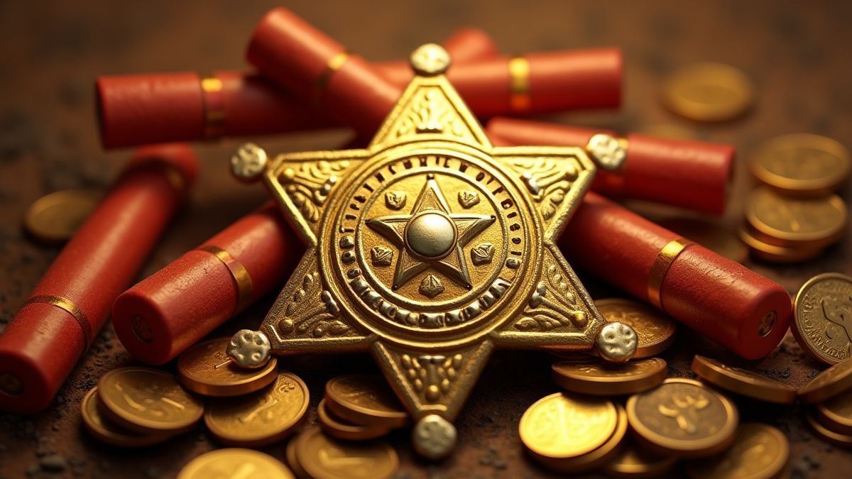 Goldenes Sheriff-Abzeichen umgeben von Goldmünzen und Dynamit.