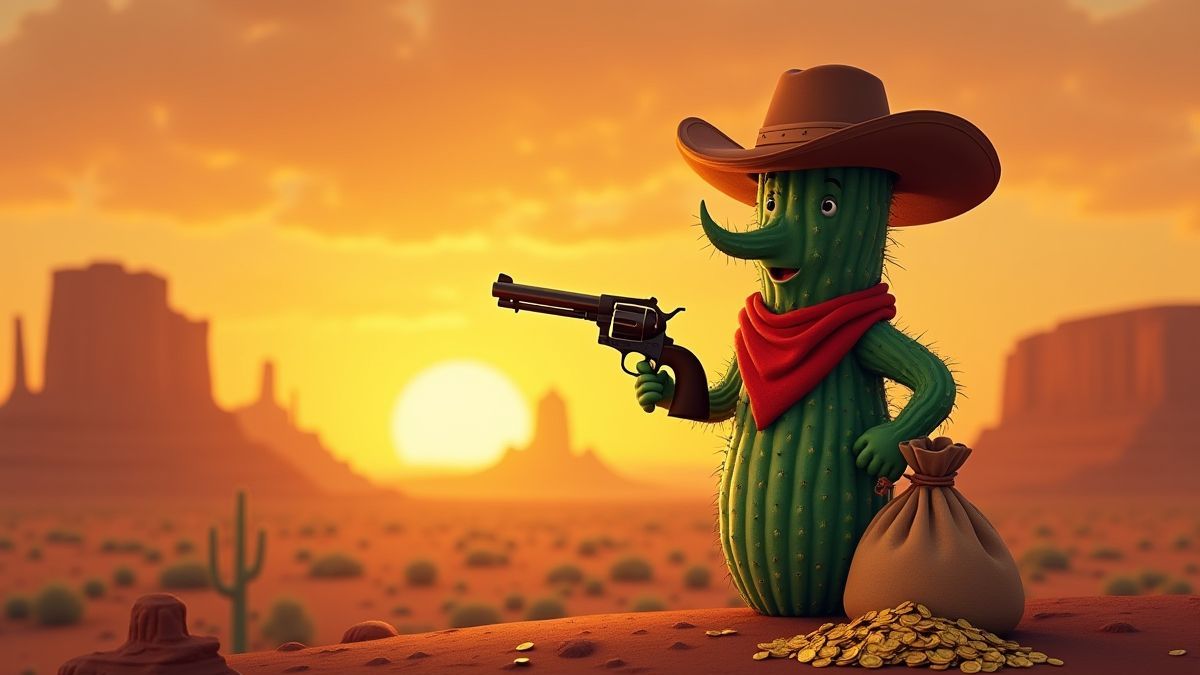 Cowboy-Kaktus mit einem Revolver und einem Sack Gold bei Sonnenuntergang.