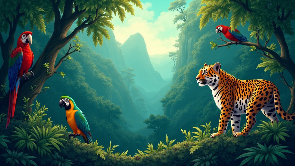 Una selva poblada de animales exóticos como jaguares y loros.