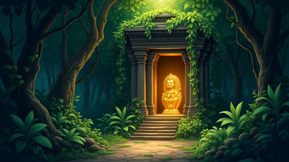 Un ídolo dorado en un templo de la jungla rodeado de enredaderas.