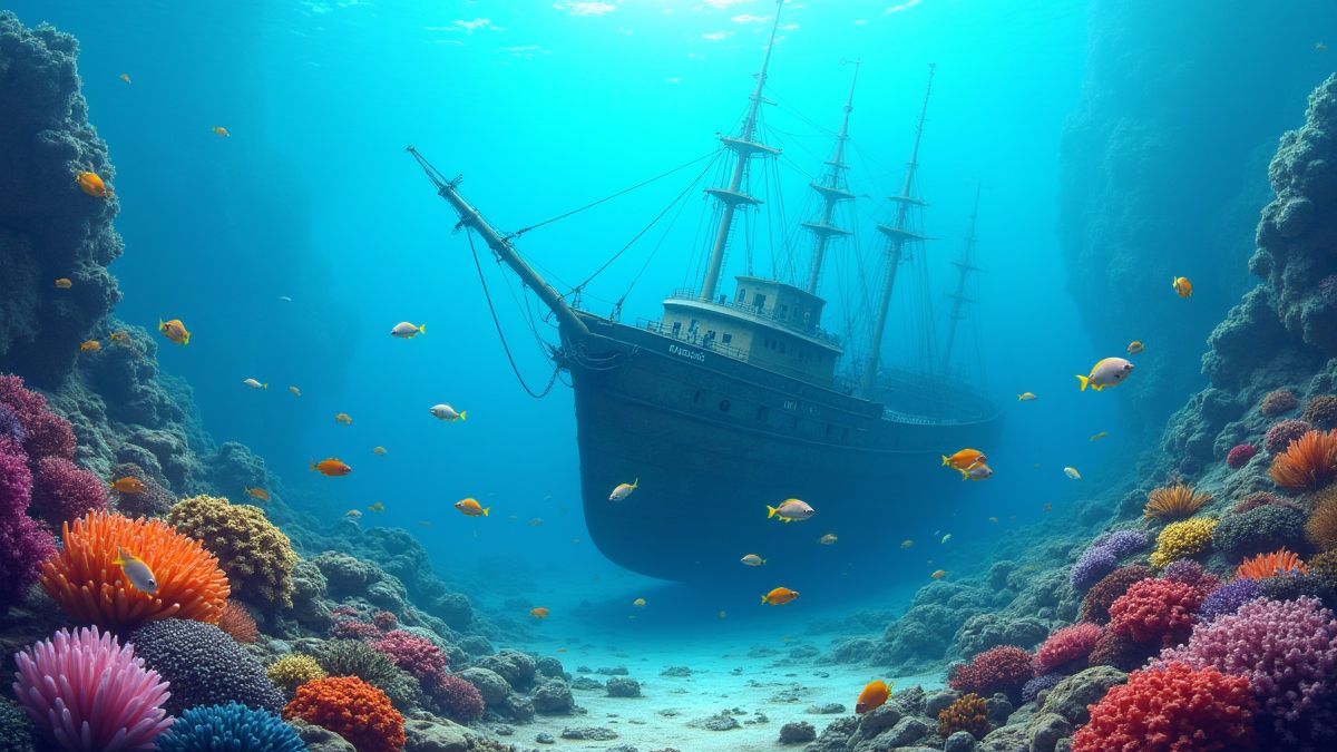 Colorful underwater scene with corals, fish, and a sunken ship.