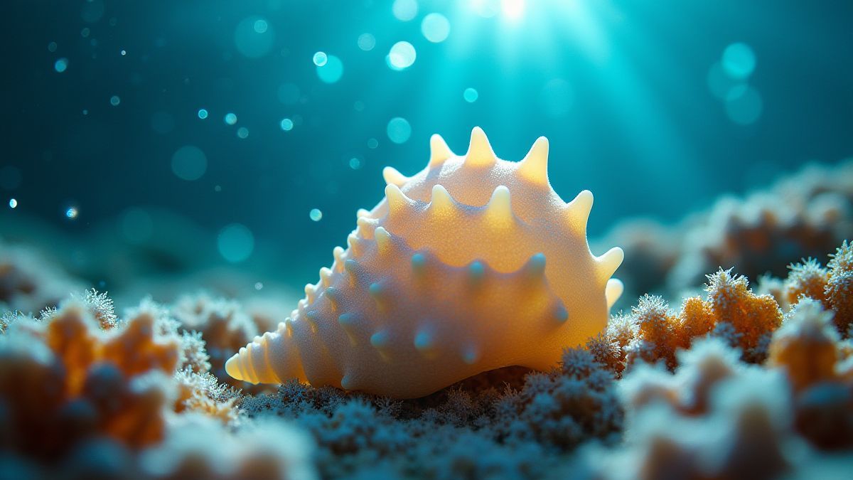 A shiny seashell underwater surrounded by corals and crystal-clear water.