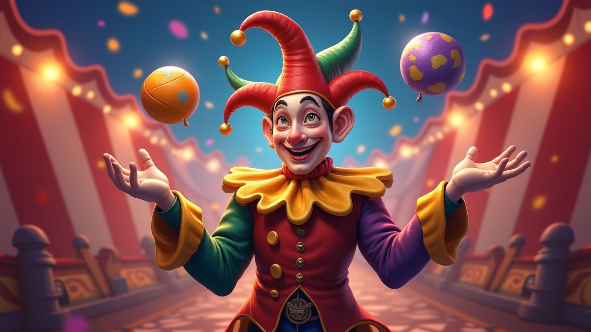 A colorful jester juggling bonus symbols in a carnival.
