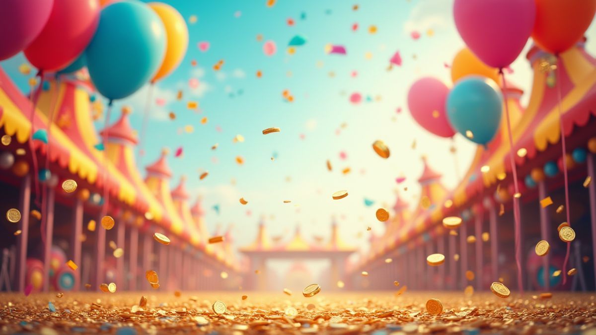 A colorful carnival with balloons, confetti, and coins falling.