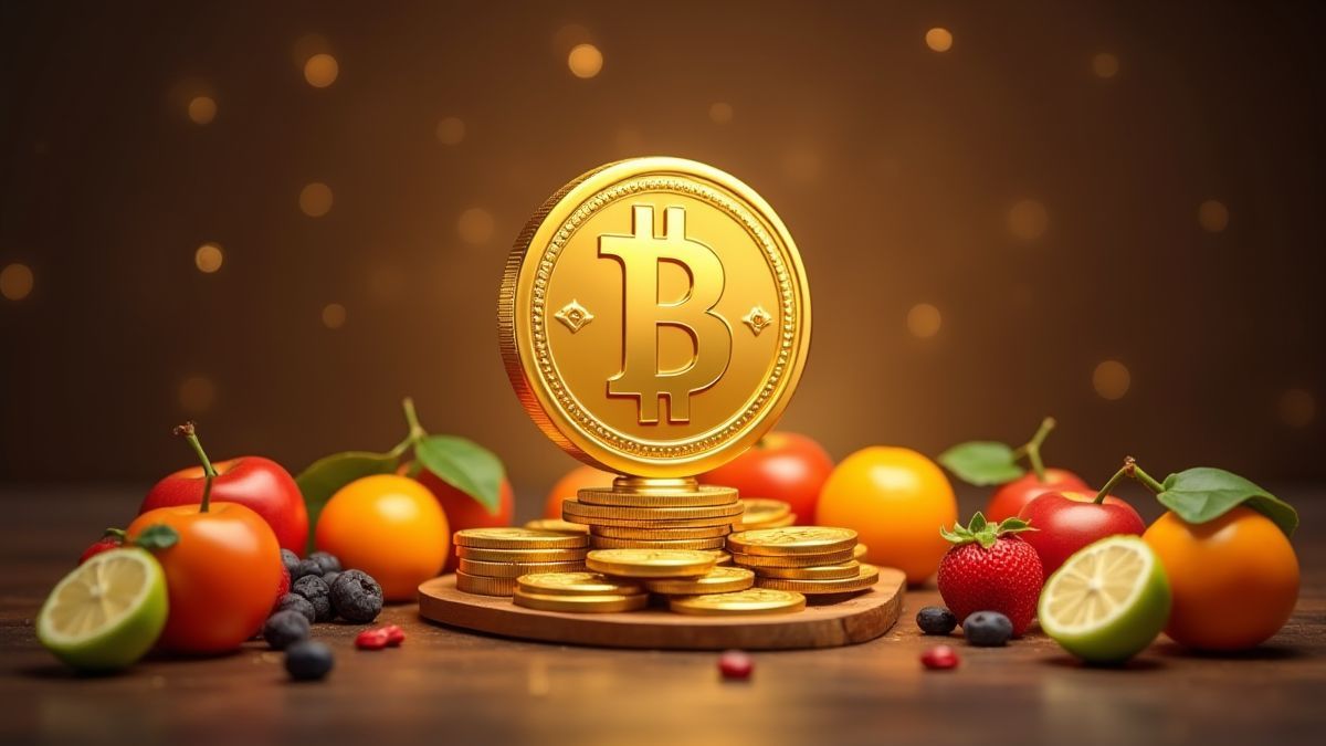 Moneda dorada girando entre frutas coloridas.