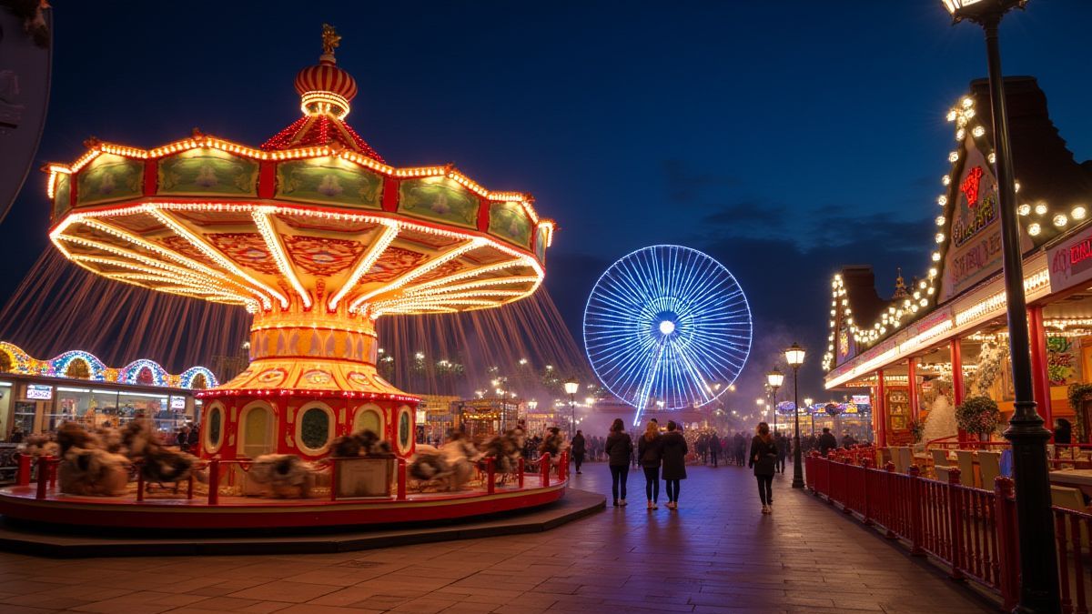 Un carnaval animé et plein de lumières brillantes.