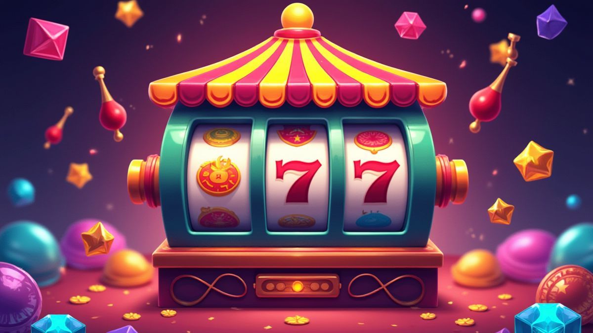 Spielautomat mit Karnevalselementen und leuchtenden Juwelen.