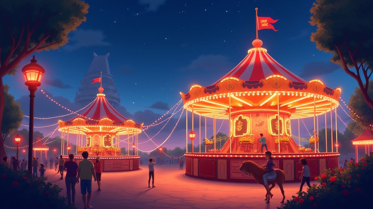 Un carnaval lleno de luces brillantes y decoraciones coloridas.