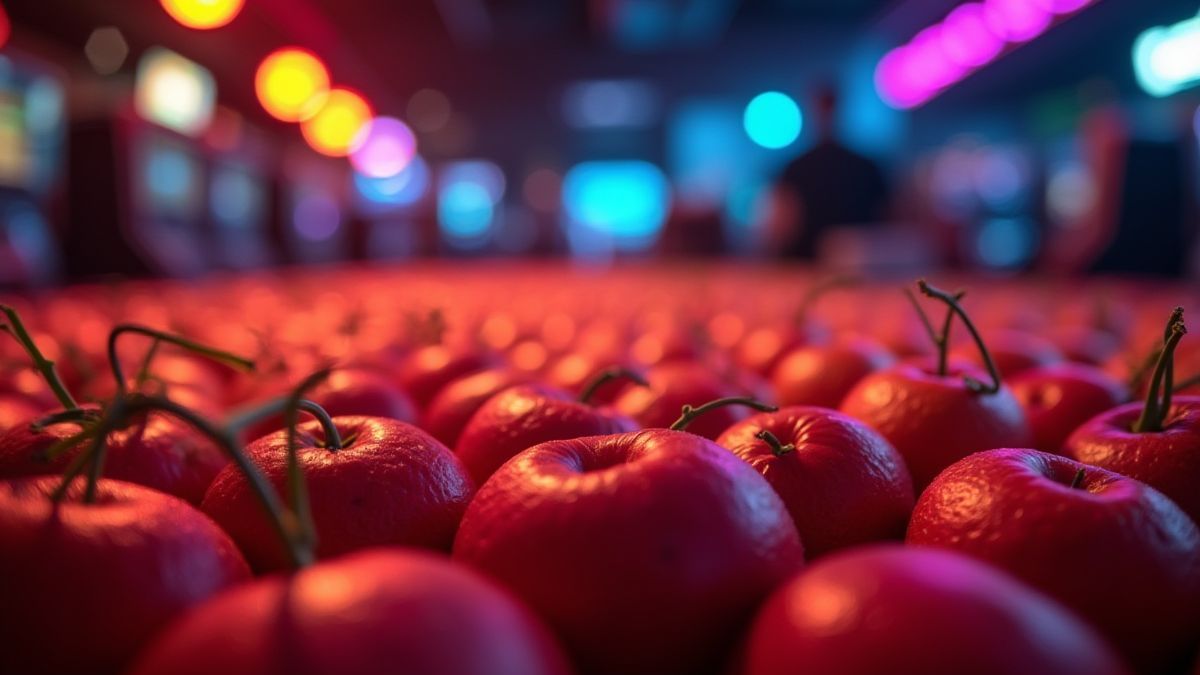 Frutas brillantes bajo luces de casino.