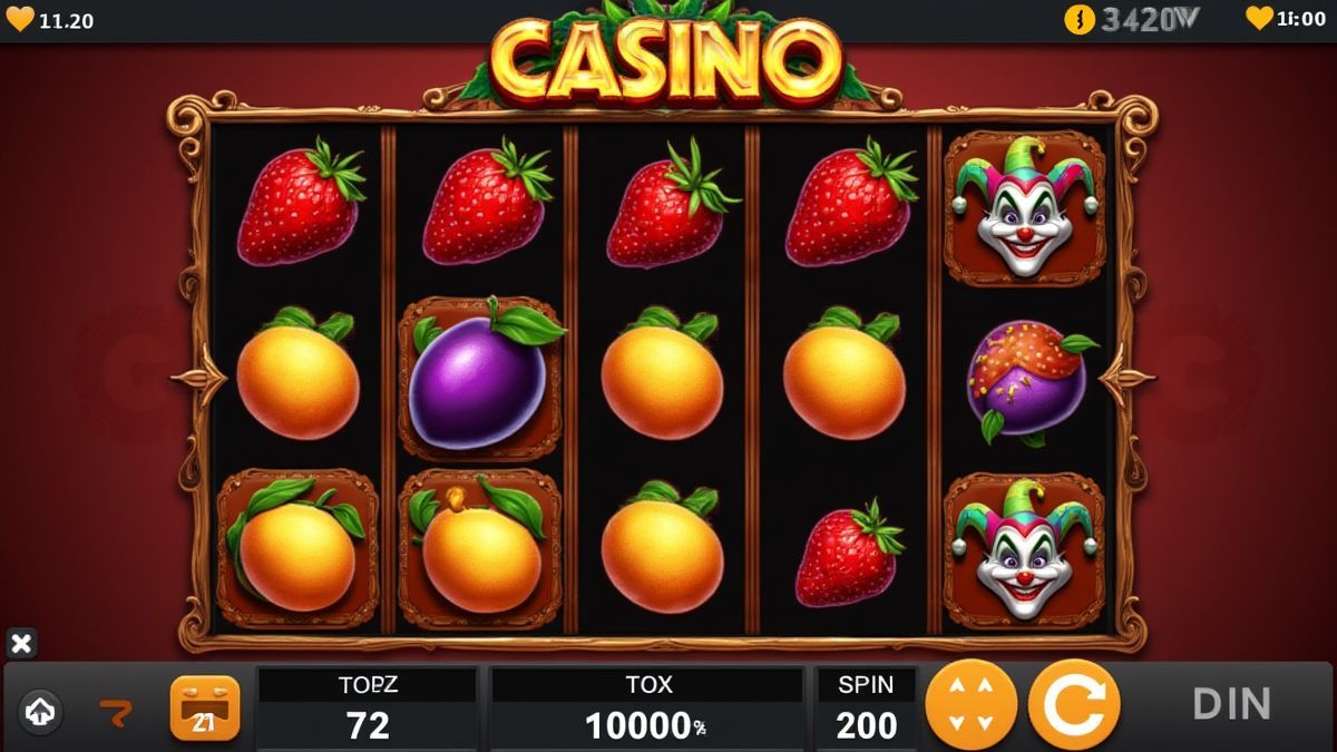 Interfaz de casino con carretes de frutas y jokers.