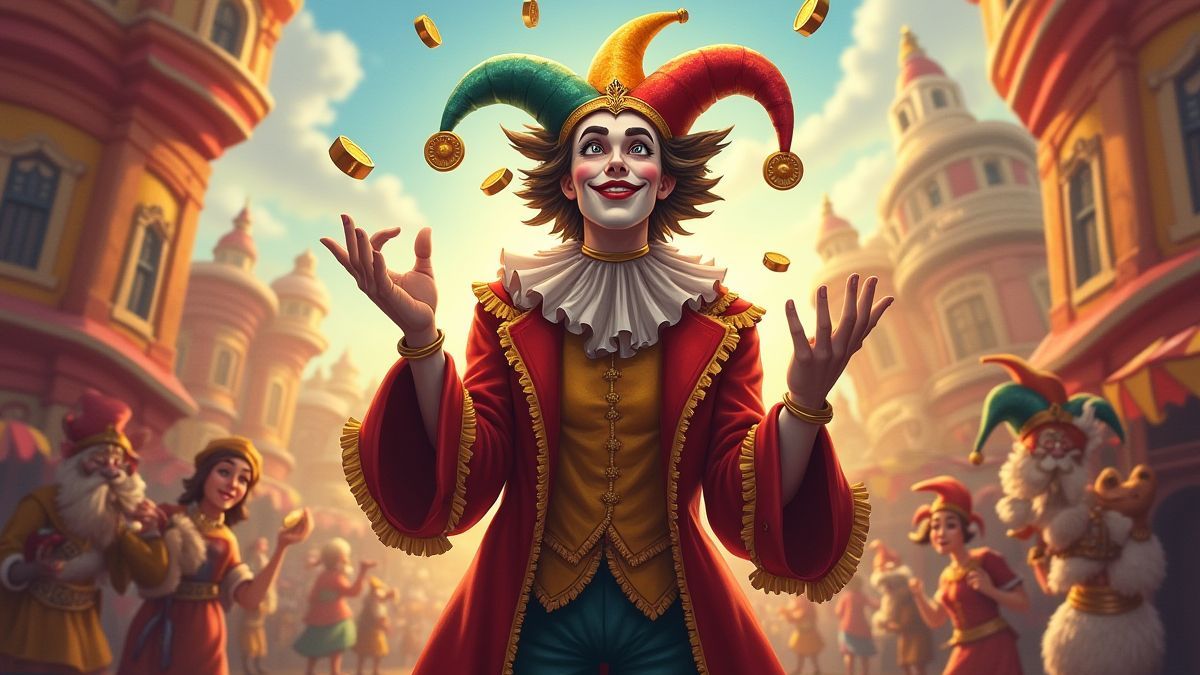Un bufón malabarista en un carnaval lleno de monedas.