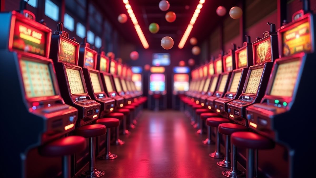 Casino retro con máquinas de tragaperras y símbolos de frutas.