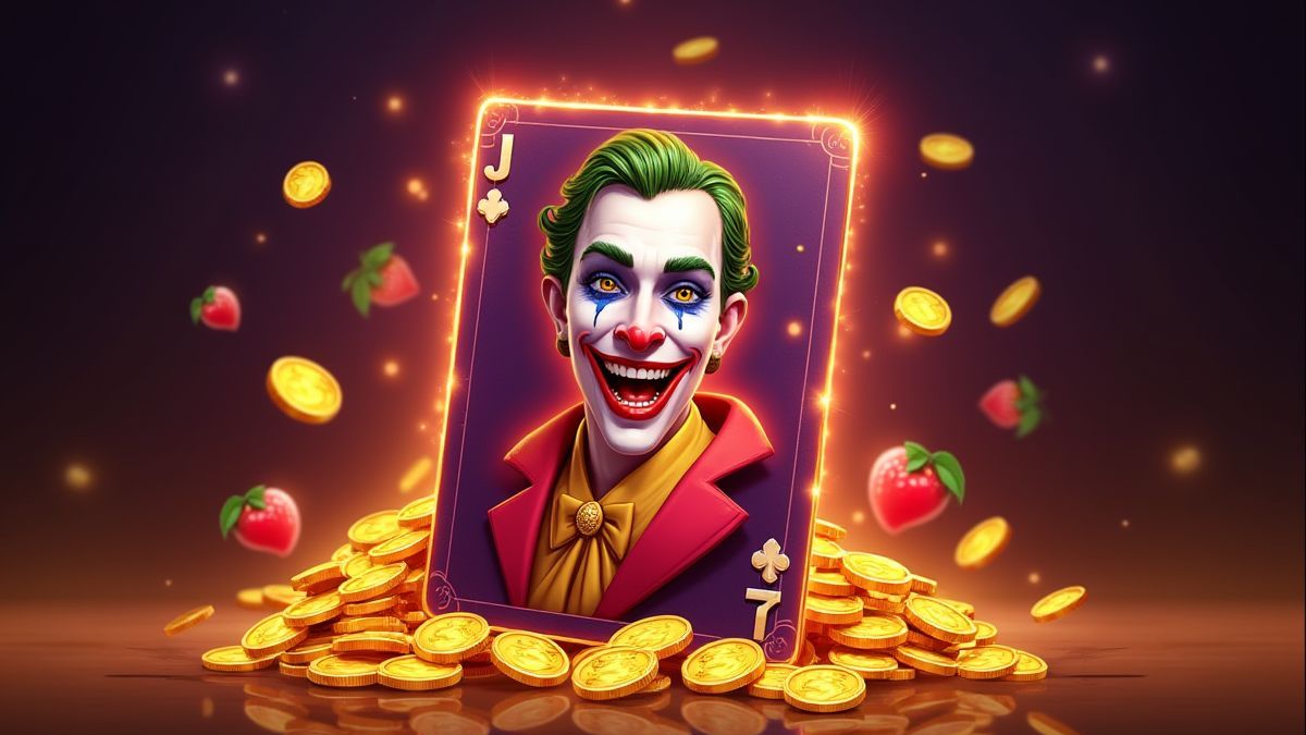 Carta de joker brillante rodeada de monedas y frutas.