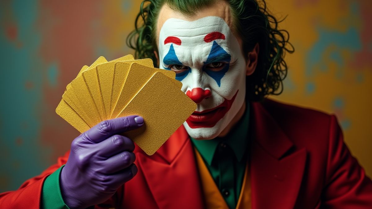 Un joker tenant un jeu de cartes dorées avec un fond coloré.