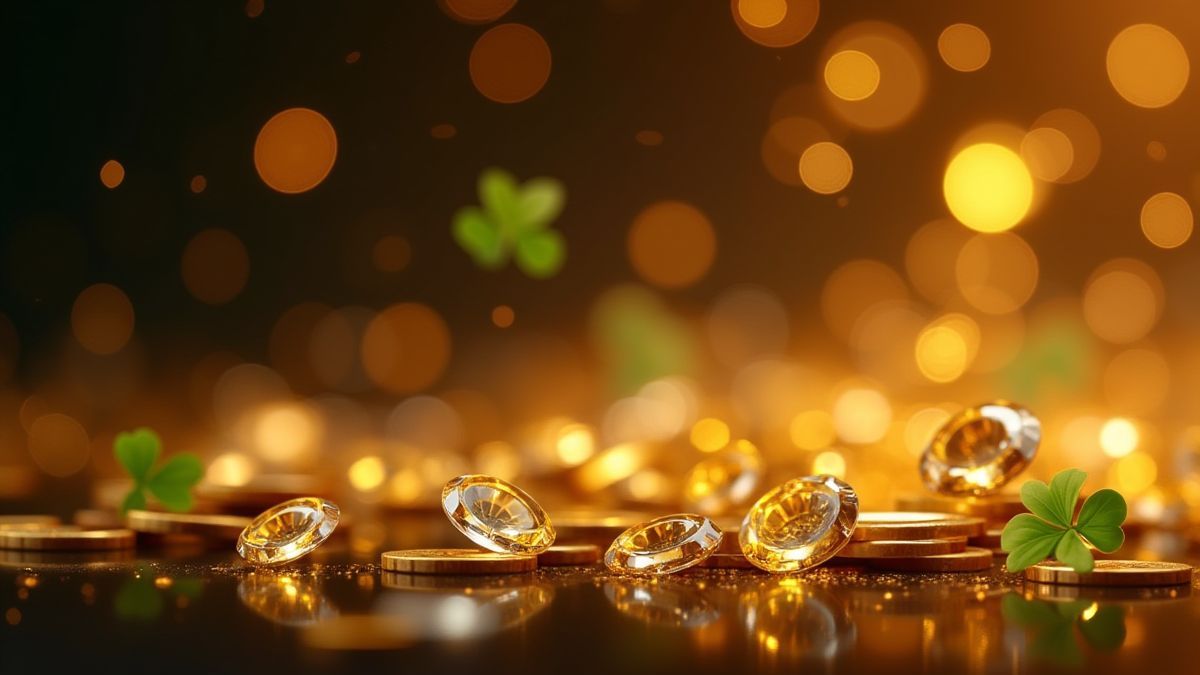 Fond de casino brillant avec des diamants, des trèfles et des pièces dorées.