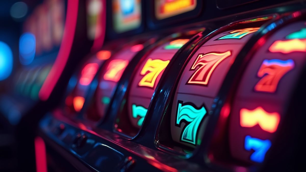 Gokkastrollen stralend in een donkere casino omgeving.
