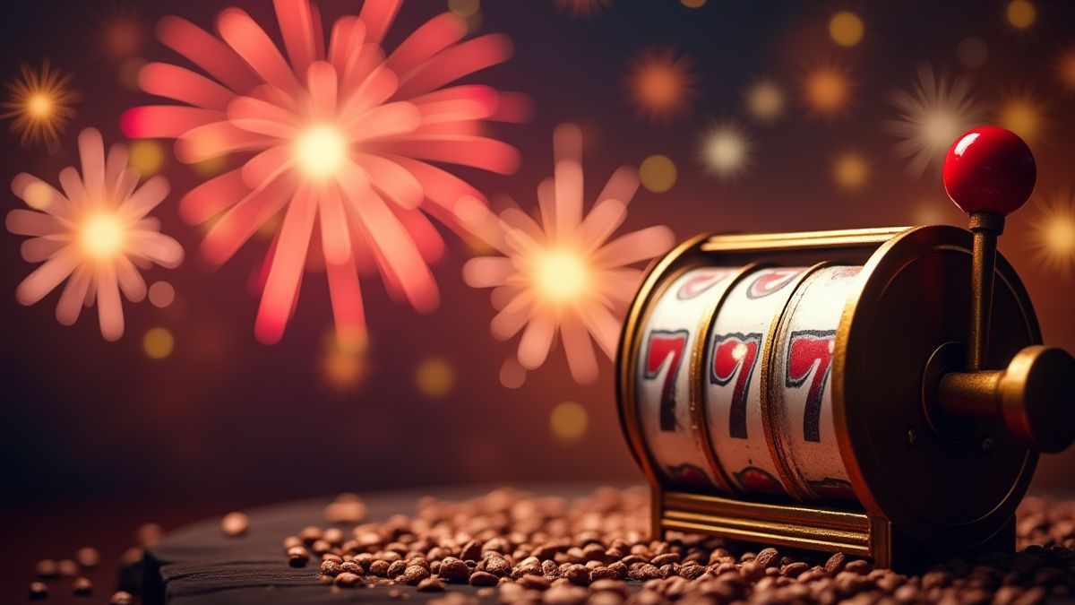 Hendel van een gokkast die wordt getrokken met vuurwerk op de achtergrond.
