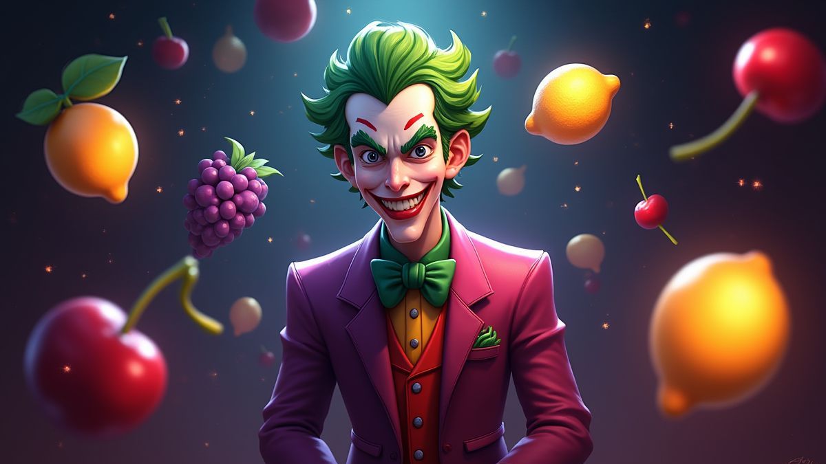 Un joker rodeado de frutas flotantes bajo luces centelleantes.