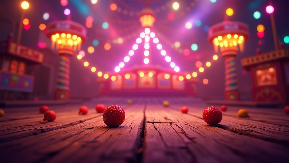 Karnevalshintergrund mit bunten Lichtern und verstreuten Fruchtsymbolen.