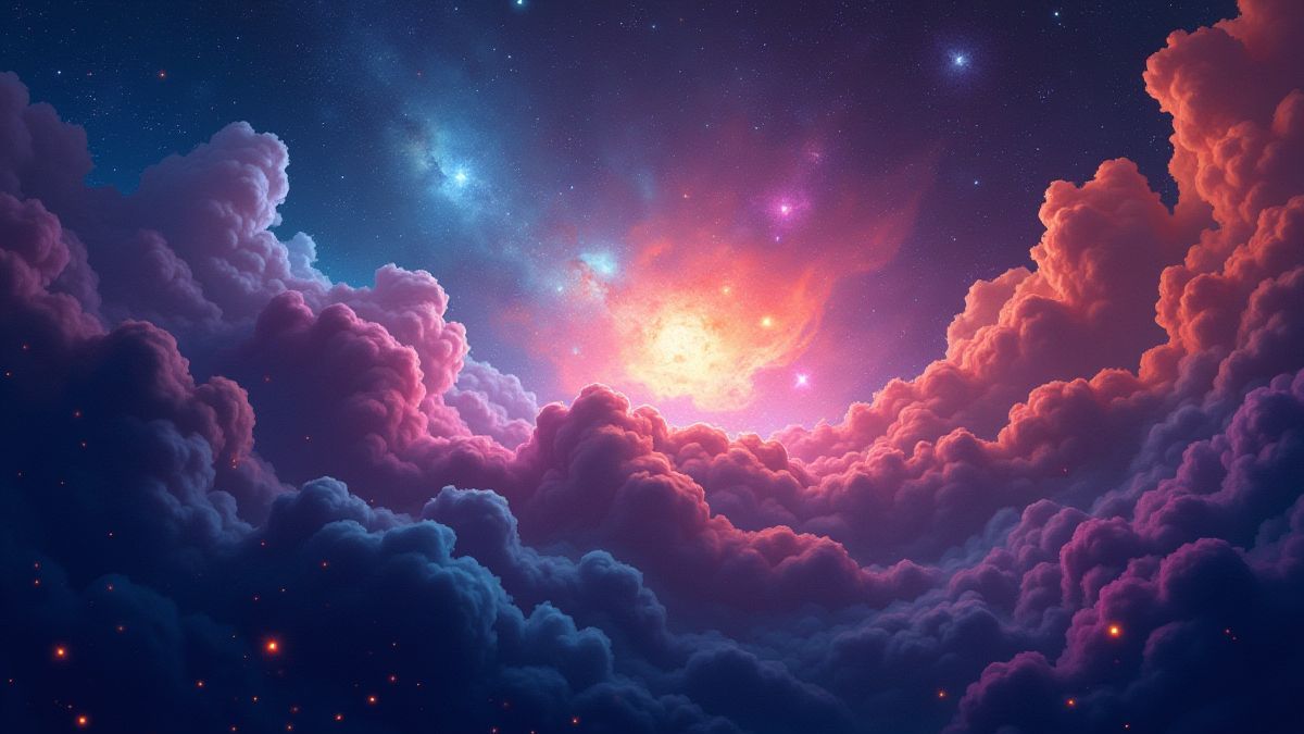 Cosmic nebula with bright stars and vibrant colors.