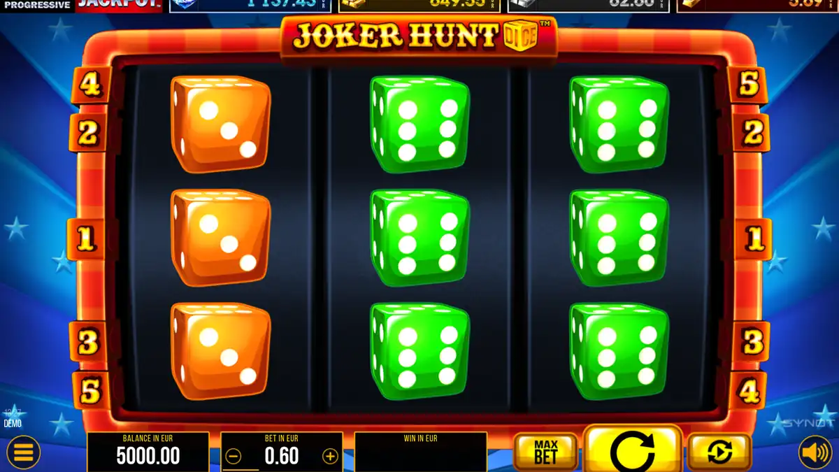 Jeu de base de Joker Hunt Dice sur une grille 3x3 avec cinq lignes fixes