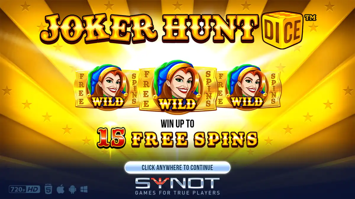 Écran d'introduction de Joker Hunt Dice montrant trois tours gratuits, des jokers Wild et jusqu'à 15 tours gratuits