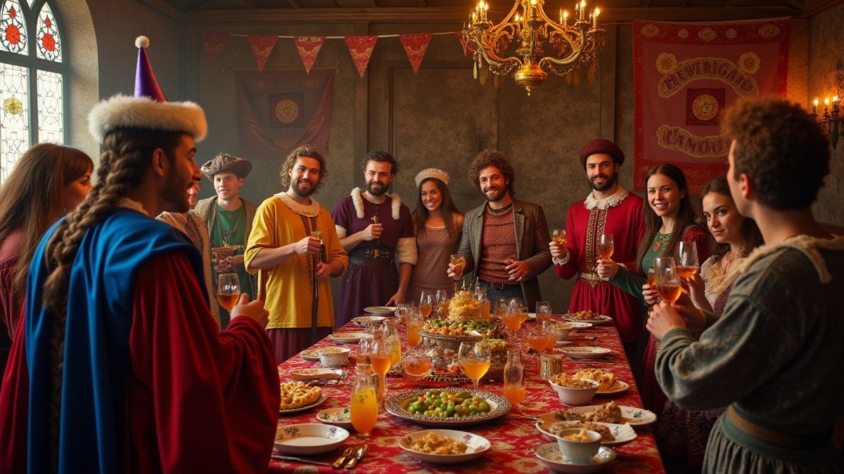 Una fiesta medieval con bufones y músicos.