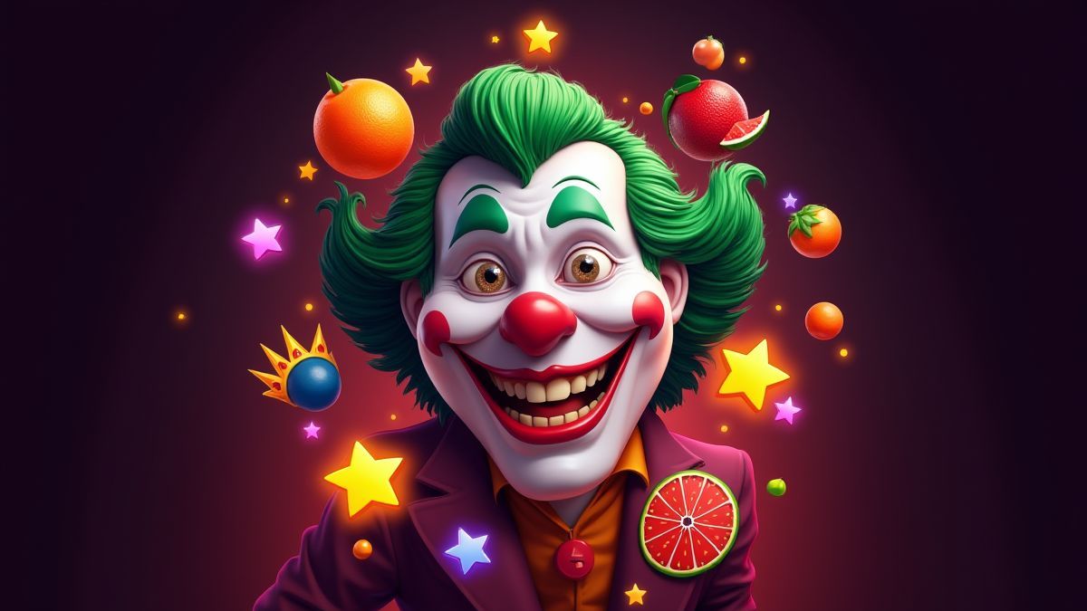 Joker symbol surrounded by bright slot icons.