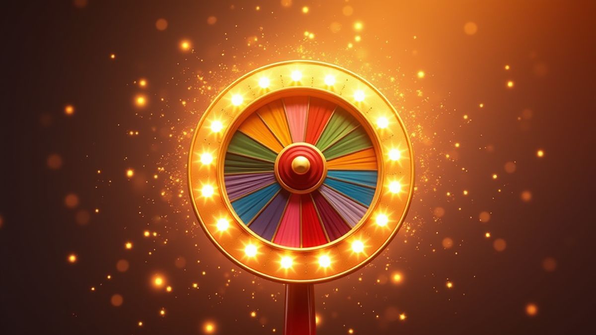 Uma roda giratória colorida rodeada de brilhos dourados.